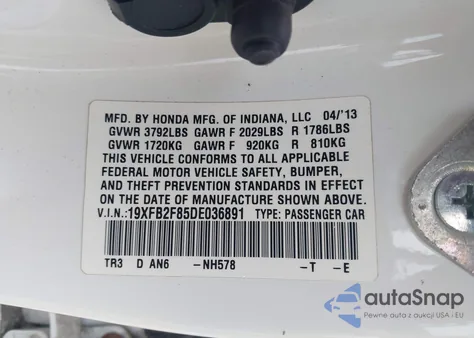 2013 Honda Civic Ex from USA, damaged, VIN 19XFB2F85DE036891